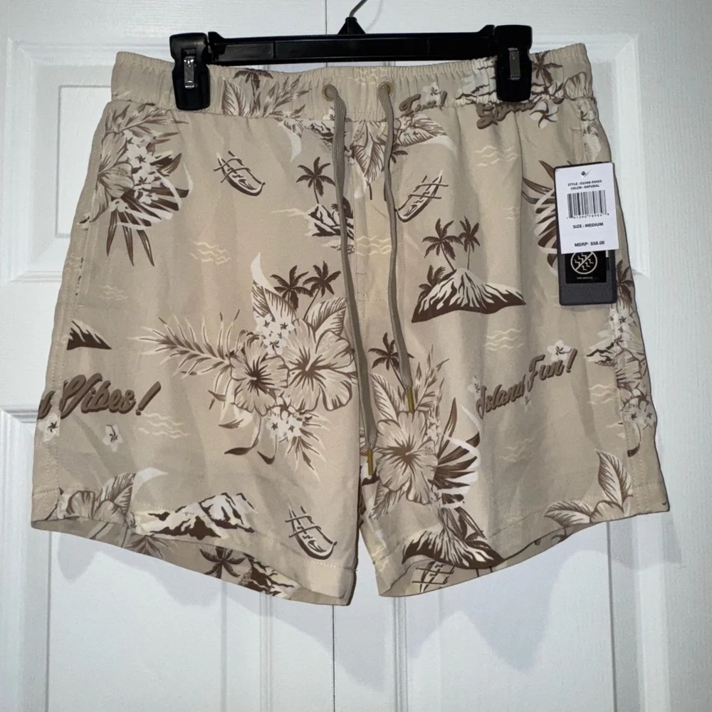 Good Vibes Beige/Brown 3 way stretch tropical swim Shorts. Size M. NWT